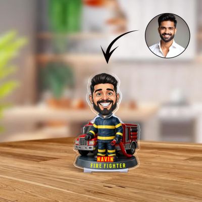 Personalized Firefighter Theme Caricature with Fire Truck Design Custom with Face Cutout & Name Truck Dashboard Decor Gift for Firemen Solar Powered Moving Head